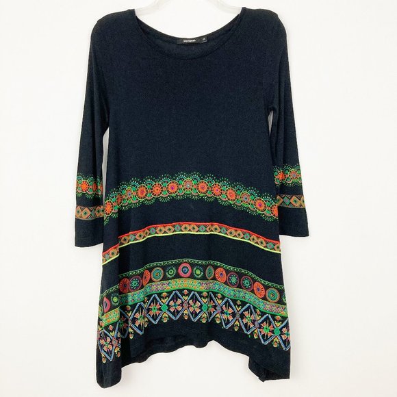Desigual Aleia T-Shirt Size XS Tunic Top Black Multicolor Boho Ethnic Aztec - Picture 3 of 13